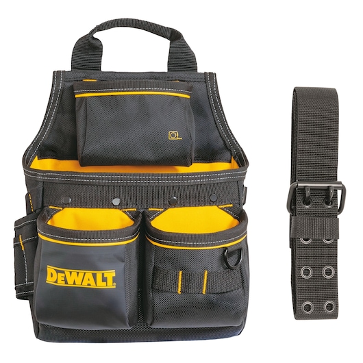 A DEWALT branded black and yellow tool pouch with multiple pockets and a detachable black belt, designed for organizing and carrying tools.