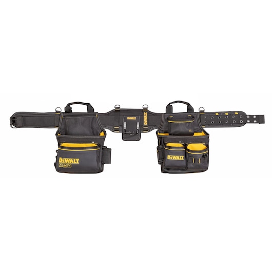 DEWALT branded tool belt with multiple black and yellow pouches and pockets, designed for carrying tools and accessories.
