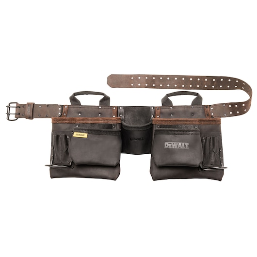 A DEWALT branded leather tool belt with multiple pockets and a sturdy buckle, designed for carrying tools.