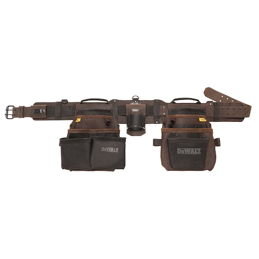 A DEWALT leather tool belt with multiple pockets and compartments for organizing tools, shown on a white background.