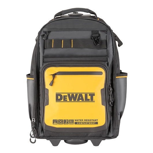 Front view of a DEWALT backpack with black and yellow design. The backpack features a water-resistant compartment on the front and multiple pockets and zippers. The DEWALT logo is prominently displayed.