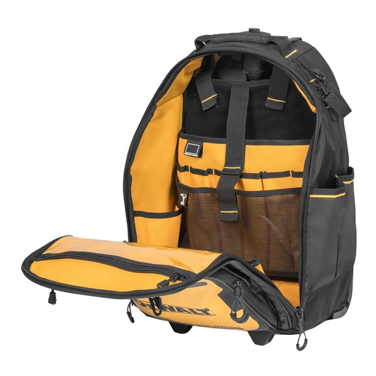 Open DEWALT black and yellow photography backpack displaying multiple internal compartments, mesh pockets, and adjustable straps for organizing equipment.