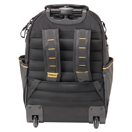 A DEWALT rolling tool backpack with padded shoulder straps, reinforced handle, and side pockets. The backpack is black with yellow accents and features wheels on the bottom.