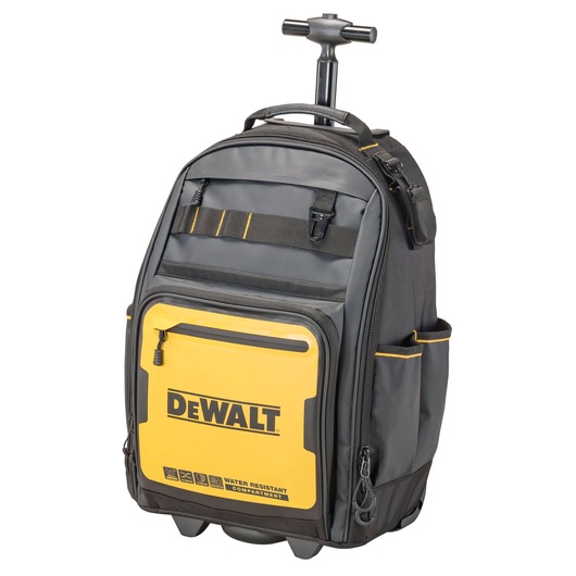 A DEWALT black and yellow rolling backpack with a telescopic handle, front zippered compartments, and side pockets. The backpack features the DEWALT logo and indicates a water resistant compartment.