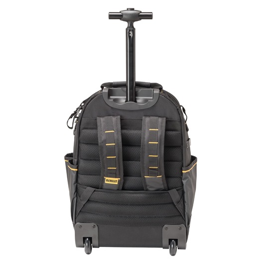 A DEWALT rolling backpack with a telescopic handle, padded back, shoulder straps, side pockets, and two wheels, designed for carrying tools or equipment.