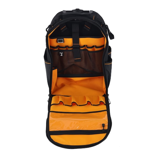 Black and orange backpack with multiple compartments for camera gear organization and protection.