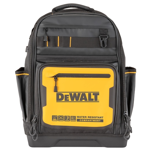 A DEWALT black and yellow backpack designed for tools, featuring multiple compartments and pockets, with a water-resistant front compartment and the DEWALT logo prominently displayed.