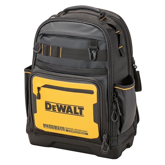 DEWALT black and yellow backpack with multiple zippered compartments and water-resistant front pocket, designed for carrying tools or equipment.
