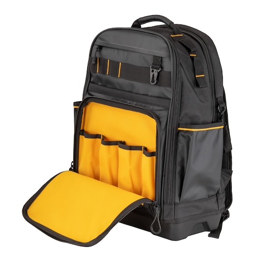 A DEWALT black and yellow backpack with multiple compartments and pockets, shown with the front section open to reveal interior tool slots.