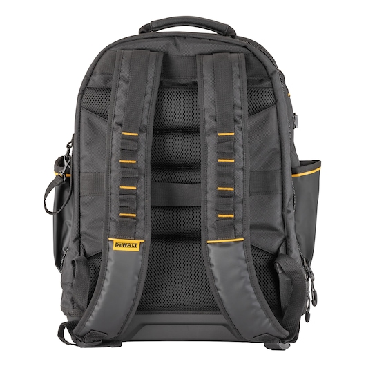 Back view of a DEWALT black backpack with padded straps and mesh back panel, featuring yellow accent stitching and side pockets.