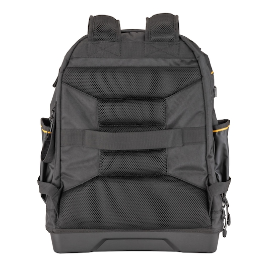 Rear view of a DEWALT black backpack with padded shoulder straps and reinforced mesh back panel, suitable for carrying photography equipment.