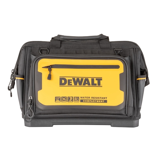 DEWALT branded black and yellow tool bag with a water-resistant compartment, zippered pockets, and sturdy handles.