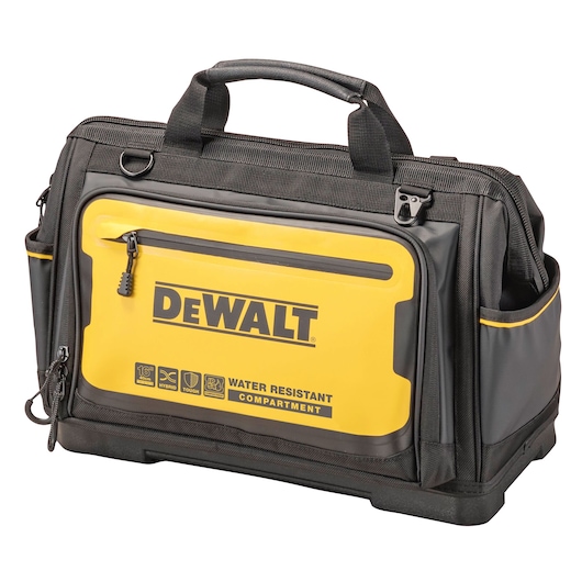 A DEWALT branded tool bag with a black and yellow design, featuring a water-resistant compartment, sturdy handles, and multiple side pockets for organizing tools.