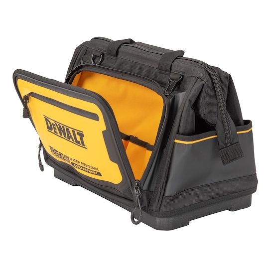 A DEWALT black and yellow tool bag with a water resistant compartment. The bag has multiple pockets and sturdy handles, and the front compartment is open, displaying the interior.
