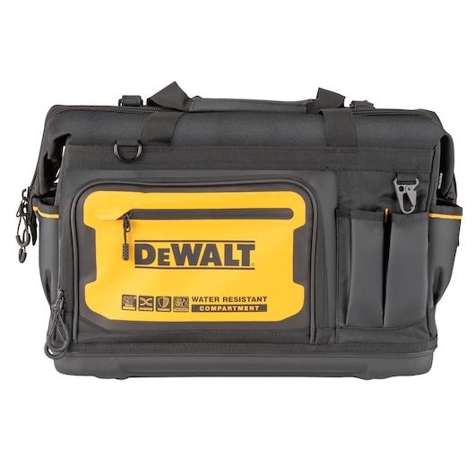Black and yellow DEWALT tool bag with multiple external pockets and a front zippered compartment labeled 'Water Resistant Compartment.'