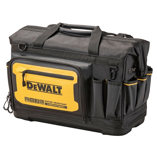 A DEWALT branded black and yellow tool bag with multiple outer pockets, a front zippered compartment labeled 'Water Resistant Compartment,' and carrying handles.