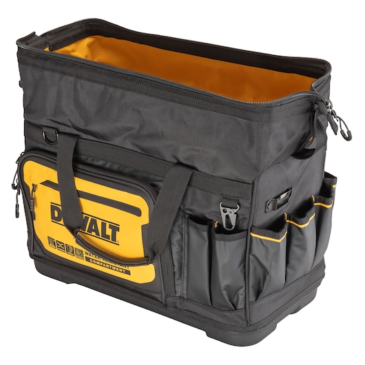A DEWALT branded tool bag in black with yellow accents, featuring a large zippered main compartment, multiple exterior pockets, and sturdy handles.