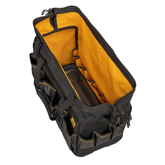 A DEWALT black and yellow tool bag with multiple exterior and interior pockets for organizing tools and accessories. The bag is open, displaying its spacious interior and compartment features.