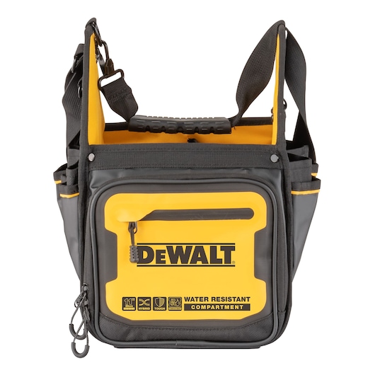 Front view of a DEWALT DWST60105-1 photography bag with a water resistant compartment, featuring a yellow and black design, shoulder strap, and prominent DEWALT logo.