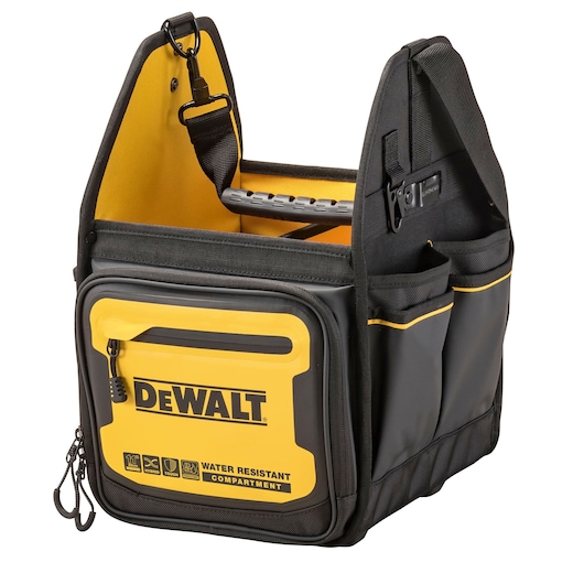 DEWALT black and yellow tool bag with a water-resistant compartment, multiple exterior pockets, and a sturdy handle.