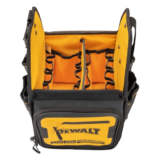 DEWALT tool bag in black and yellow, showing multiple inner compartments with loops for organizing tools and accessories. The front pocket is labeled with 'DEWALT' and 'Water Resistant Compartment'.