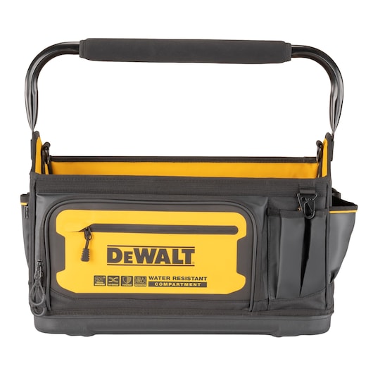 A DEWALT branded open tool tote bag with a sturdy handle, multiple compartments, and a front yellow water-resistant zippered pocket.