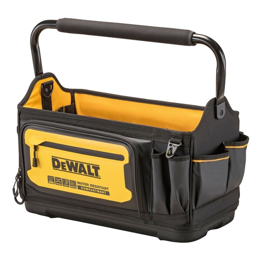 DEWALT open-top tool bag with a black and yellow design, sturdy metal handle with padded grip, multiple external pockets, and a water-resistant compartment.