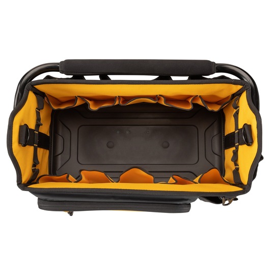 Top view of an empty DEWALT tool bag with an open compartment, yellow interior, multiple pockets along the sides, and a black handle.