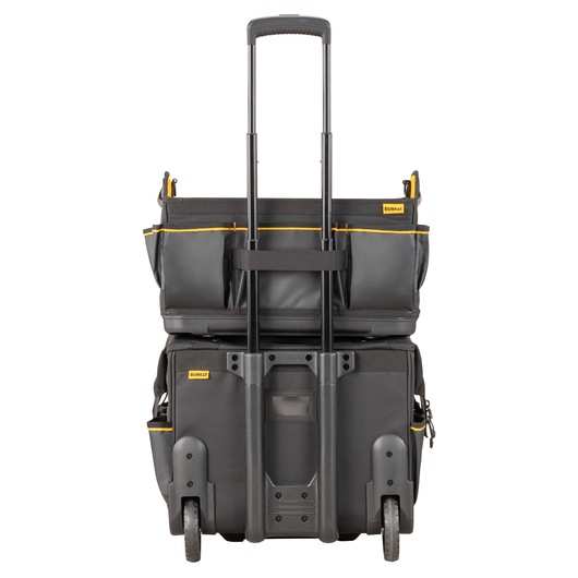 Front view of a DEWALT rolling tool bag with extendable handle, two wheels, and multiple storage compartments in black and yellow.