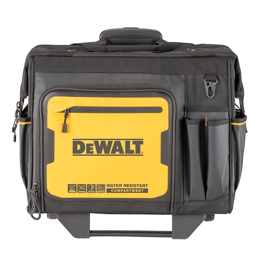 Front view of a DEWALT tool bag with a yellow and black color scheme, featuring multiple exterior pockets and compartments. The front pocket is labeled 'water resistant compartment'. The bag has a handle on top for carrying.