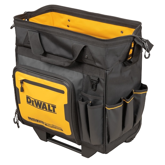 A DEWALT branded black and yellow rolling tool bag with multiple exterior pockets, a large main compartment, carrying handles, and a front zippered pocket.
