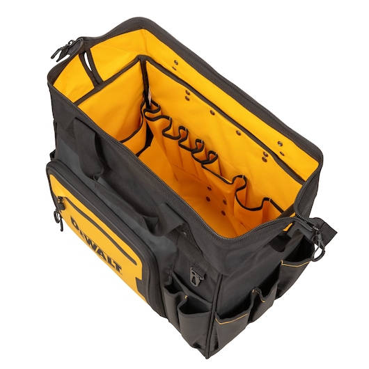 DEWALT black and yellow open tool bag with multiple interior and exterior pockets, designed for organizing and carrying tools.