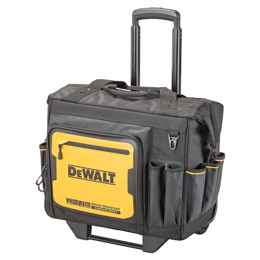 DEWALT rolling tool bag in black with yellow front compartment, multiple external pockets, and an extendable handle.