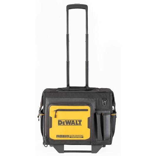 Front view of a DEWALT black and yellow rolling tool bag with an extendable handle, water resistant compartment, and several exterior pockets.