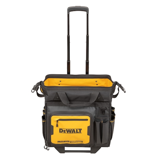 Front view of a DEWALT rolling tool bag with a telescopic handle, black and yellow color, multiple external pockets, and the DEWALT logo on the front pocket.