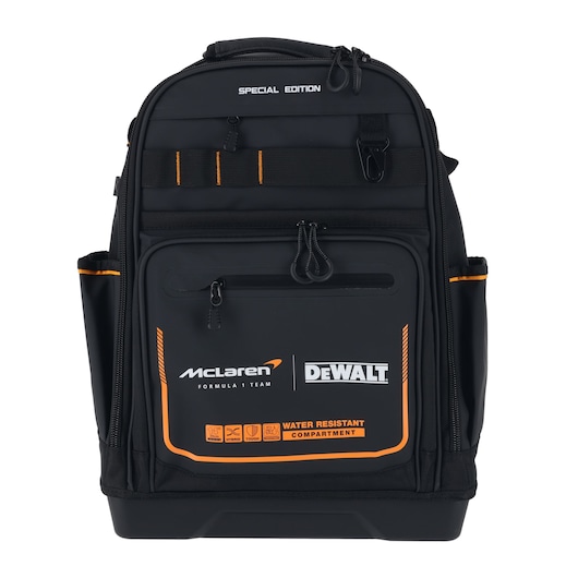 DEWALT McLaren backpack with water resistant compartment for tool storage and transport.