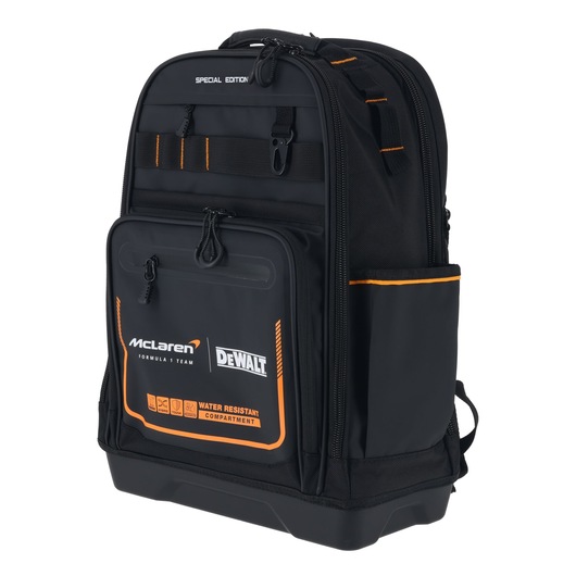 DEWALT McLaren backpack with water-resistant compartment, ideal for carrying photography gear securely.
