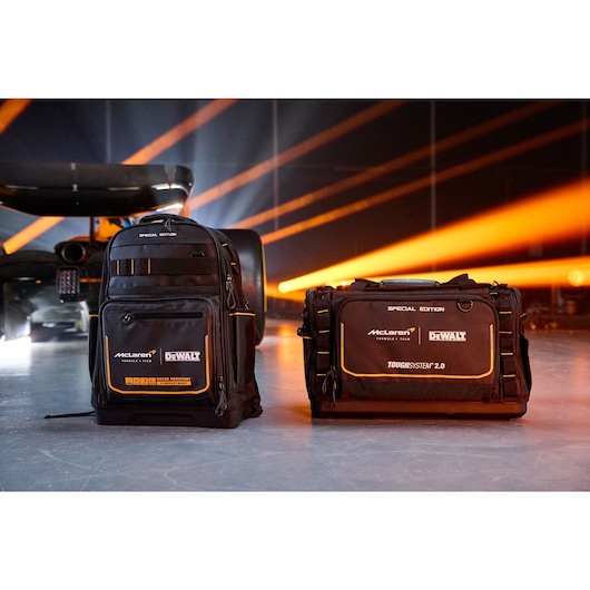 DEWALT McLaren bags with pockets, designed for tool storage and water resistance.