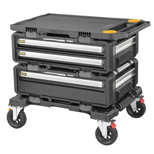 A DEWALT branded rolling tool storage cart with drawers, featuring black and silver design, four wheels including two with red safety locks, and a sturdy handle on the top.