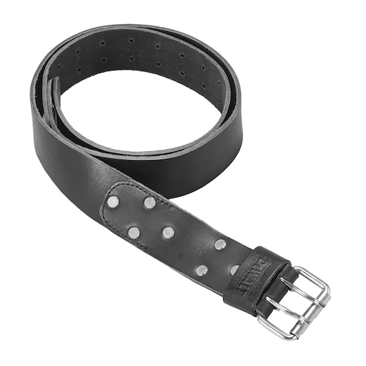 A black leather belt with metal studs and a silver buckle, branded with DEWALT, shown coiled on a white background.