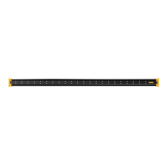 A DEWALT-branded black metal wall-mounted storage rail with yellow end brackets, designed for organizing tools and accessories.