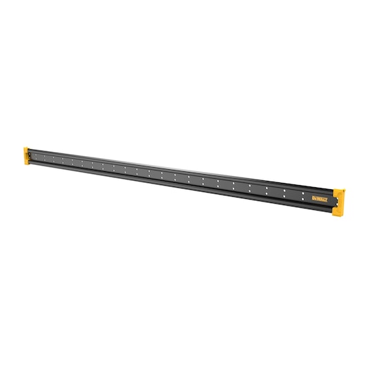 A long, black metal track with yellow end caps and a DEWALT logo, designed for use with compatible tools, shown against a white background.