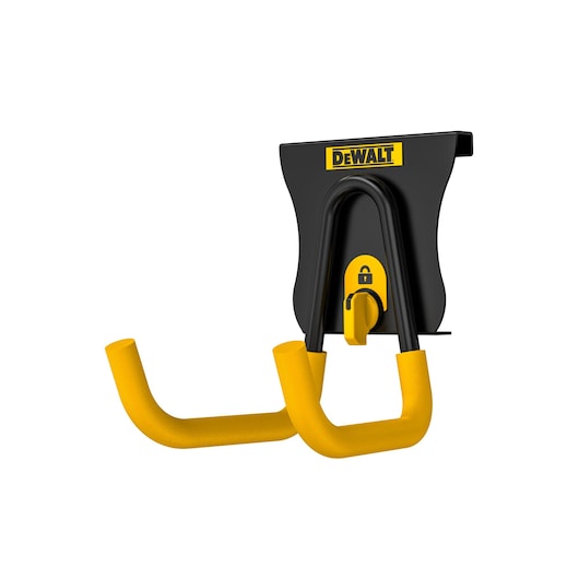 A DEWALT wall-mounted double hook with yellow padded arms and a black base, designed for securely holding tools or equipment. The hook features a lock symbol for added security.