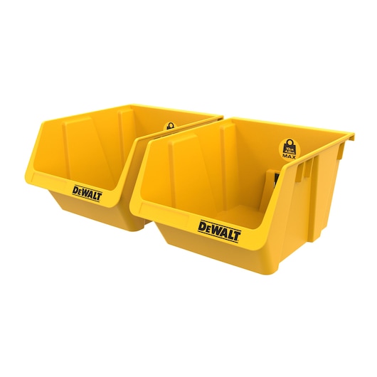 Two yellow DEWALT branded plastic storage bins with open fronts, designed for organizing tools or small parts.