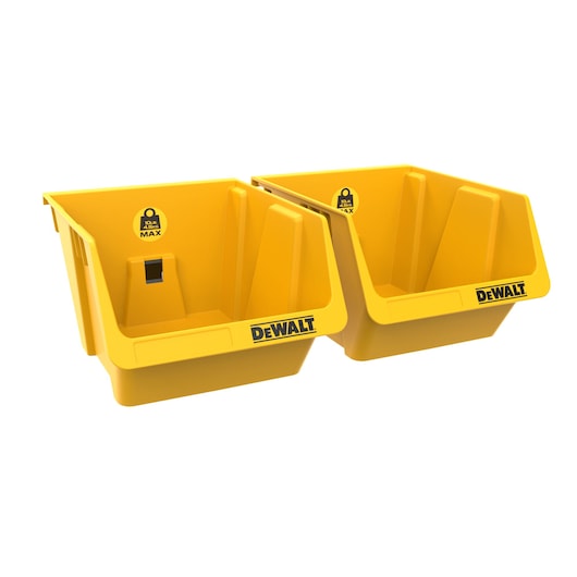 Two yellow DEWALT plastic storage bins with open fronts, DEWALT logos, and weight limit markings, designed for organizing tools or small items.