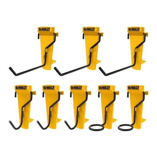 Eight yellow DEWALT wall mounts with black hooks, designed for tool storage and organization.
