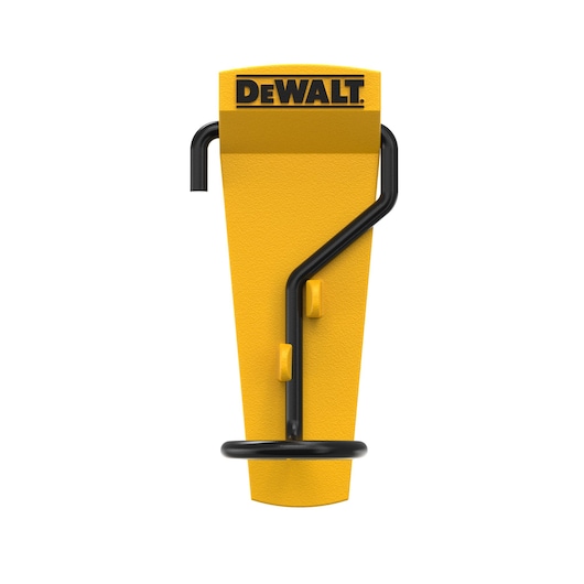 A yellow DEWALT-branded wall mount hook with a black metal bracket, designed for tool or equipment hanging.