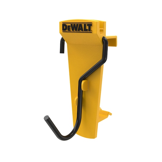 A yellow DEWALT-branded wall hook with a black metal curved arm, designed for organizing and hanging tools. The hook is mounted on a white background.