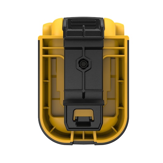 Close-up image of a DEWALT yellow and black accessory, showing the back side with a central black mounting clip. The product appears durable and designed for attachment or securement.