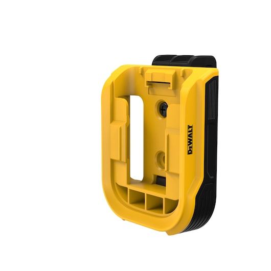 A yellow and black DEWALT-branded plastic mount accessory with a rectangular opening and attachment points, photographed on a white background.